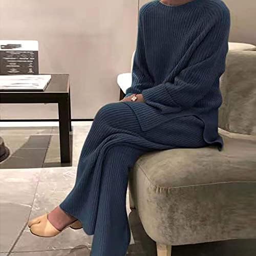 Women High Neck Desent Setra lateral casual Sweater Pullover top calça de perna larga de 2 peças de 2 peças de lantejoulas
