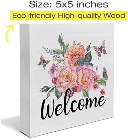 Borboletas florais bem -vindo a caixa de madeira sinal de madeira caixa de madeira sinal de prateleira de prateleira de prateleira