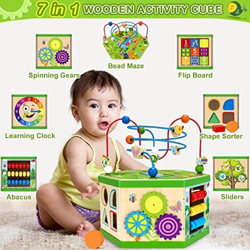 V-OPITOS Aprendendo brinquedos para criança 1, 2, 3 anos, 7 em 1 cubo de atividade de madeira, Montessori Early Educational Toys