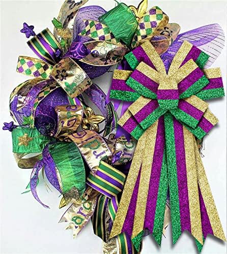 HYing Mardi Gras fitas para arcos de grinalda, fitas de borda de borda de borda verde -verde -ouro Glitter Mardi Gras Listras Craft
