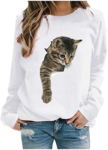 Womens 3d Cat Print Sorto Tops Cato fofo no bolso gráfico de plop -pullous Blusa casual manga longa Tunic tunic camisetas