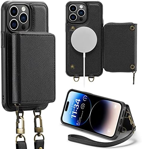 iPhone 14 Pro MagSafe Crossbody Wallet Case, Caixa de telefone de carregamento sem fio magnético RFID com pulseira de suporte para