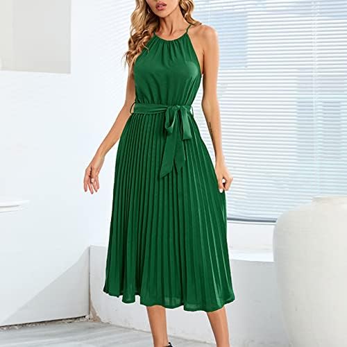 Vestidos de férias femininos soltos de espaguete de cor sexy e sexy, vestido plissado sem mangas vestidos de verão 2023