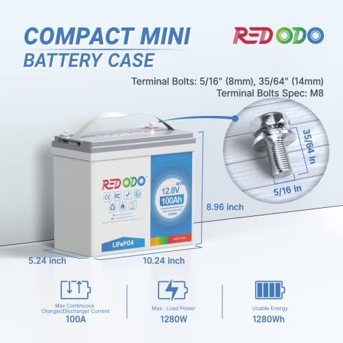 Redodo 12V 100AH ​​Mini LIFEPO4 Bateria de lítio com tamanho pequeno e peso leve, BMS 100A e células de grau A, 4000-15000 ciclos