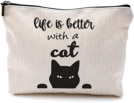 Aievfu A vida é melhor com uma bolsa de maquiagem de gato, uma bolsa de maquiagem cosmética de gato e gata engraçado