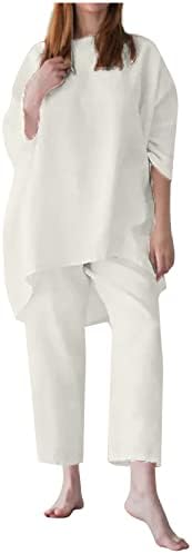Linho de linho de noto de verão Conjunto de calça de algodão para mulheres 2023 Roupas da modesta de 2 peças de 2 peças