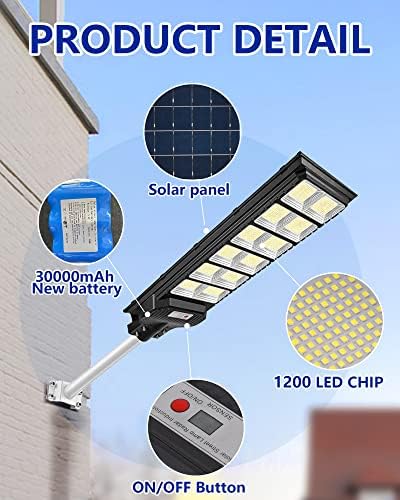 TickJoy 600W Luzes de rua solar ao ar livre 30000 lúmens - 1200 Luzes de inundação LED Sensor de movimento com controle remoto,