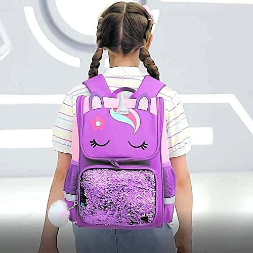 KLFVB 3PCS Unicorn Backpack, 15 Livro para garotas de lantejoulas com lancheira, Bolsa de Escola para Pré -Escola para