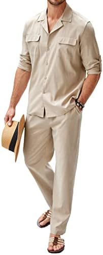 Coofandy masculino de linho de algodão de 2 peças de algodão Button Down camisa de manga comprida calças de praia casual Roupas de