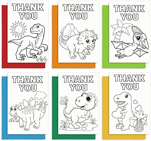 AnyDesign 36 Pack Dinosaur Coloring Cards Agradecemos com adesivos de envelopes DIY suas próprias cartas para colorir para o