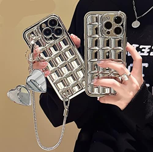 Para iPhone 14 Pro Max Case for Women Girls 3D Cute Grid Plaid Design com cinta de metal prateado, Luxury elegante plaquela bling glitter