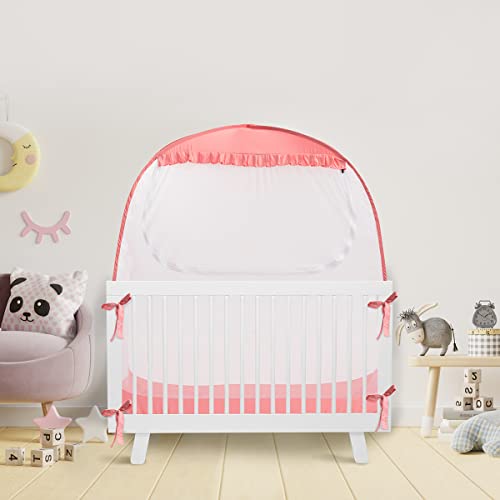 L Baby Berço da barraca, capa de berço para impedir que o bebê saia, tenda de segurança líquida de mosquito bebê com design pop-up para a maioria dos berços padrão, rosa