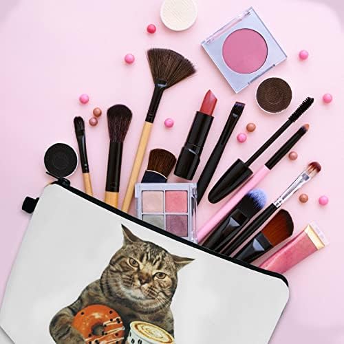 Sacos de cosméticos para mulheres pequenas gatos engraçados segurando de rosca e maquiagem de café para bolsa de viagem