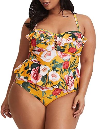 Tutor feminino de duas peças de tamanho de maiô Floral Peplum Tankini Tankini High Wistomy Control Bikini Set