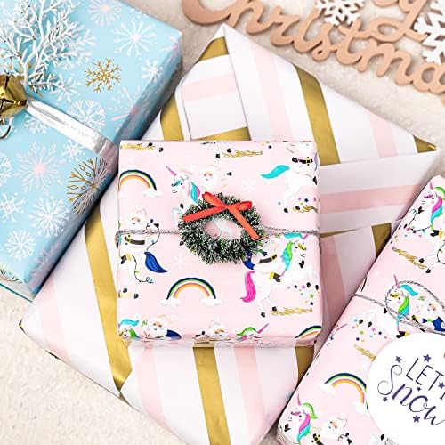 Maypluss Christmas embrulhando papel rolo - mini roll - 17 polegadas x 120 polegadas por rolo - 3 design rosa e azul diferente