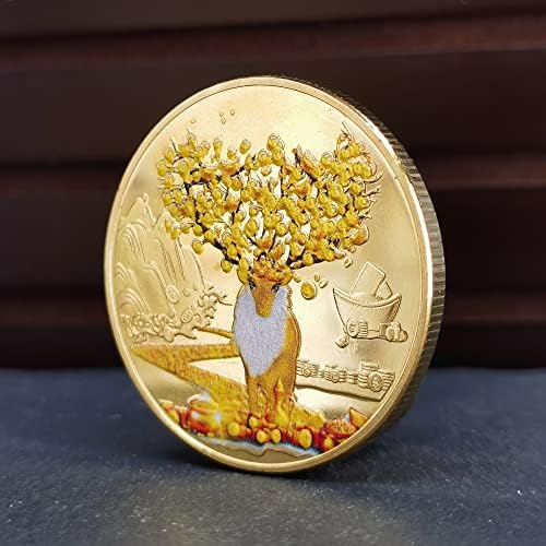 Moeda Lucky de 1,57 polegadas de ouro com estojo de proteção transparente, apresentando uma rena próspera, lingotes de ouro e
