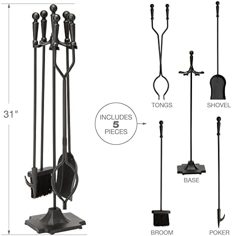 Ferramentas de lareira de 5 peças FRUCO Conjunto de 31 '', conjunto de ferramentas para lareira de ferro forjado pesado com poker, pá, pinças, pincel, suporte para uma chaminé interior externa, lareira, fogão, fogueira para montar, preto