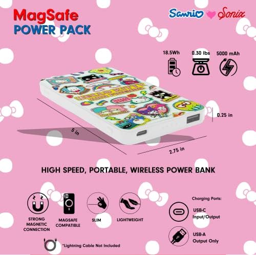 Sonix X Sanrio Compatível com Magsafe Wireless Power Bank Battery Pack 5000 Mah | 18,5W + Cabo de carregamento USB C para iPhone 14/13 / 12 | Hello Kitty e adesivos de amigos