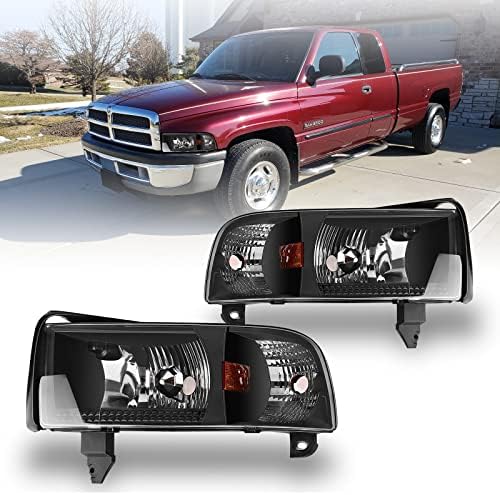 Faróis Autowiki para 94-02 Dodge Ram 1500/2500/3500/4000 Par de lâmpadas dianteiras Conjunto de substituição Black Chead Light Light