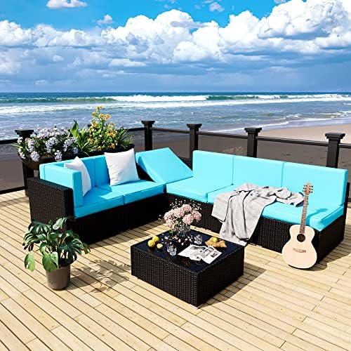 Móveis de pátio pamapic 7 peças, sofá de sofá secional de vime ao ar livre com mesa de chá e almofadas laváveis, azul