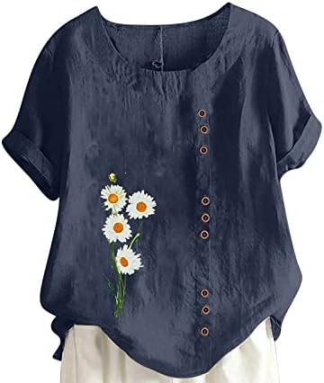 Tampas de linho de algodão plus size para mulheres soltas de manga curta camisa floral camisa de camisa casual bloqueio de