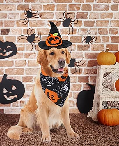 Traje de Halloween de cachorro de veículos - Cat Pumpkin Witch Hat Hat de Halloween Brandana Triângulo Lenço com Padrões