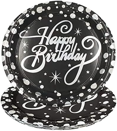AAAMN 20pcs Feliz aniversário Placas de 7 polegadas preto e prata, Placas de sobremesa de bolo de papel descartáveis ​​para mulheres