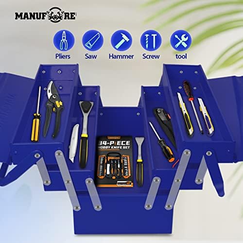 Manufore Metal Tool Box 16,5 x 8,5 x 8 '' Caixa de armazenamento de ferramentas dobráveis, 3 e 5 bandeiras, com um orifício