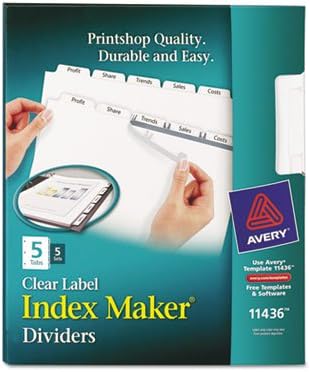 Fabricante de índices Divisadores de etiqueta Clear, 5-TAB, letra, branca, 5 conjuntos/pacote, total 10 PK, vendidos como 1 caixa