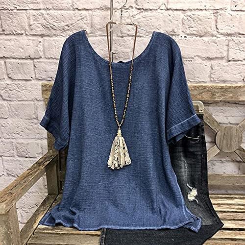 Blusa de manga curta de linho feminino Tops de verão de verão Casuais soltos Camiseta lisa de camiseta plana Henley