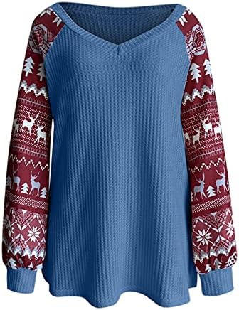 Sweater de Natal feminino Novelty fofty gráfico de bloco de cores suéteres casuais v pescoço de manga comprida tops