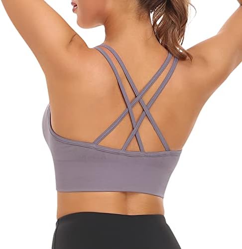 Veqking Women Strappy Sports Bra Cross Back Medium suporta sutiã de ioga acolchoada removível sem costura para o treino