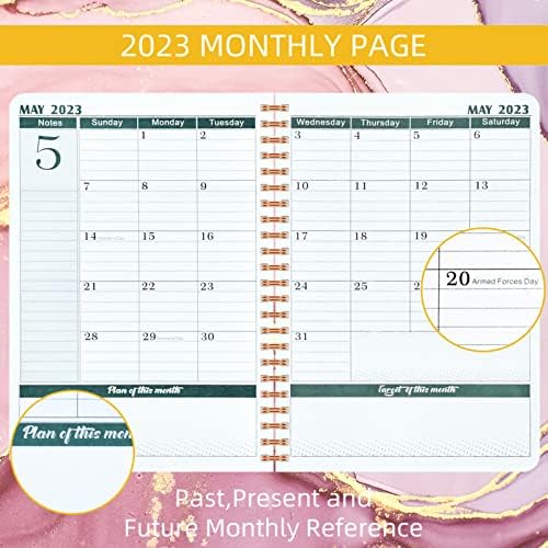 Vozehui 2023 Planner semanalmente mensalmente de janeiro de 2023 a dezembro de 2023, 6 x 8,25, capa de impressão de mármore, planejador de 12 meses com faixa elástica, limite forte em espiral, papel grosso, bolso traseiro, mármore azul rosa rosa