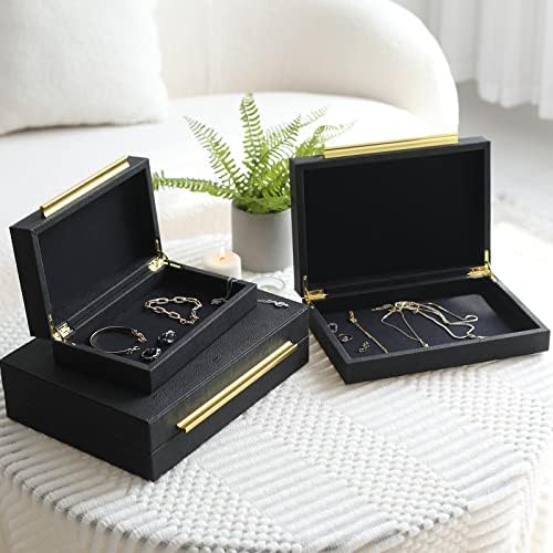 Decor4Sonason Faux Shagreen Cozes Decorative Jewelry Storage Organizer Boxes com conjunto de alça de ouro de 3, preto