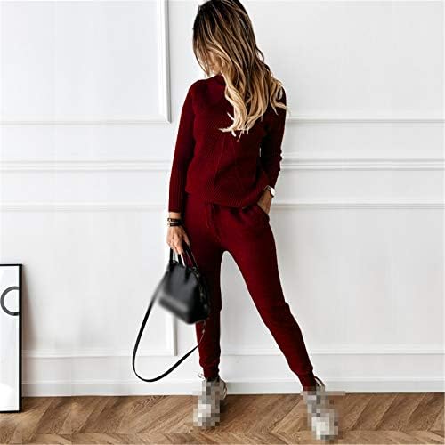 Autumn Winter Feminino Tracksuit de malha feminino Solidado suéter listrado de gola alta e calça elástica de duas peças