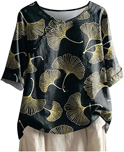 Tshirt superior para feminino de meia manga curta de algodão de algodão gráfico de peca de gola impressão floral