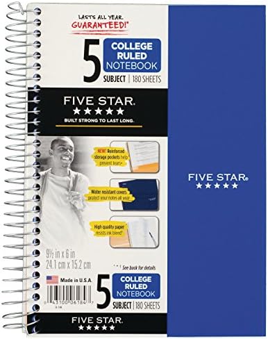 Notebook Spiral Five Star, 5 Assunto, College governou o papel, 9-1/2 x 6, preto