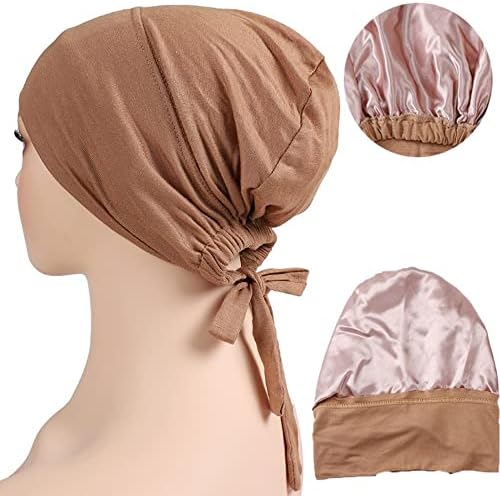 CNTQIANG 2 peças Jersey de cetim muçulmano Cap boné para mulheres subscarf com o chapéu de turbante de gravata