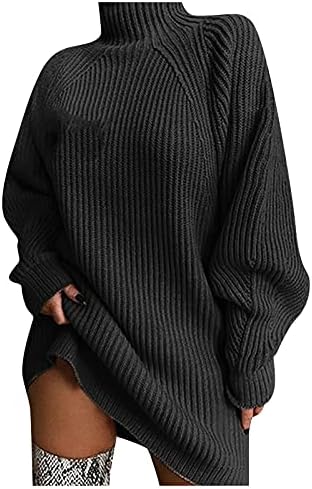 Moda feminina tricô casual cor sólida manga comprida Turtleneck suéter mini vestido