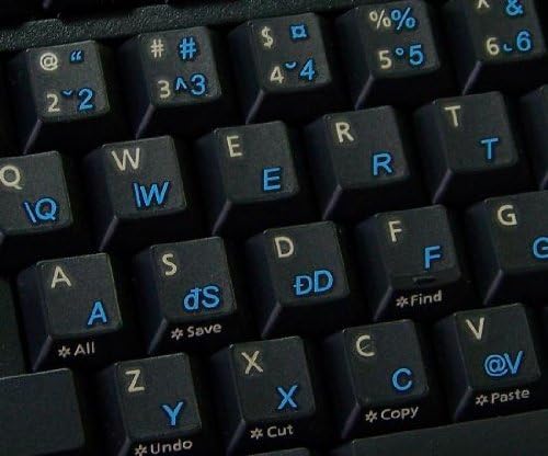 Layout de etiquetas de teclado romeno com um fundo transparente de letras azuis