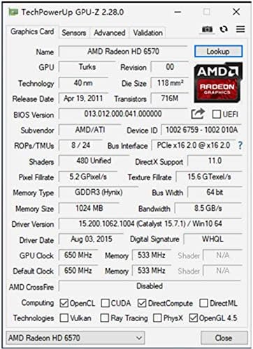QTHREE RADEON HD 6570 Cartão gráfico, HDMI duplo, 1 GB, GDDR3,64 bits, PCI-Express 2.0 x16, GPU de computador de baixo