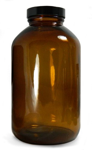 Qorpak GLC-02146 Garrafa de embalagem de boca larga de vidro âmbar com 53-400 Cap de celulose/vinil preto, 81 mm OD x 146 mm