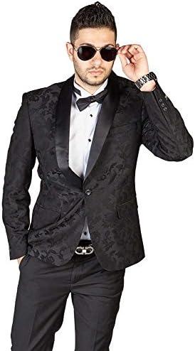 Azar Man Slim Fit 1 Button Shawl Lapela Black Satin Collar Floral Tuxedo Jaqueta de jantar Blazer