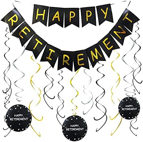Decorações de festas de aposentadoria para homens Mulheres Black Gold Banner de aposentadoria Happy Banner Hanging Swirls