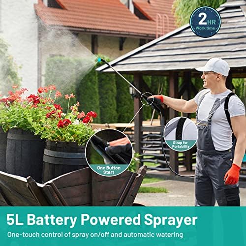 Pulverizador de jardim alimentado por bateria com 3 bicos de névoa, pulverizador de água de 1,35 galão com alça recarregável