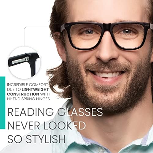 Black Sture Frame Blue Light Reading Glasses Men para parecer moderno com alta visão - Leitor grande e durável para homens - confortável