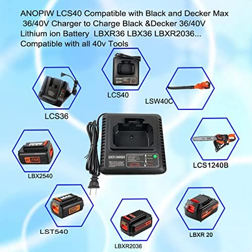 Substitua o carregador preto e deck de 40V LCS36 LCS40 Compatível por preto+Decker 36V/40V Bateria de lítio LBXR36 LBXR2036 LBX36 LBX1540