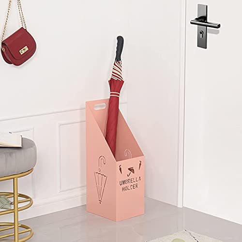 Chewynp moderno guarda -chuva criativo ， suporte de guarda -chuva de metal moderno portátil com alça, suporte de guarda -chuva retangular com 2 ganchos e bandeja de gotejamento, design de recorte, para entrada, escritório, rosa