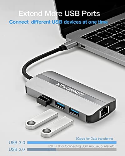 USB C Hub Ethernet, Innomax 6 em 1 USB C para USB 3.0 Hub, adaptador multiporto com HDMI 4K 30Hz, entrega de energia