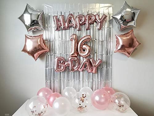 Decorações de aniversário de 16º aniversário para meninas - variados balões de ouro rosa mylar, faixa de festas de feliz aniversário,